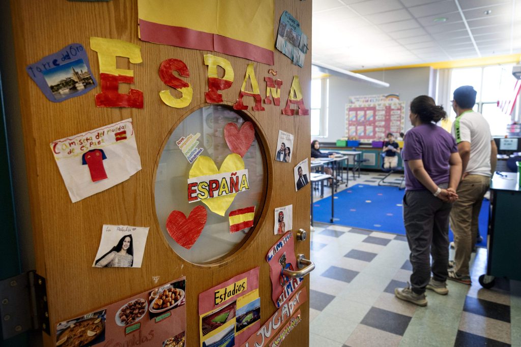 The door of a classroom at the Hooks Elementary School in Chelsea decorated with information about Spain and the country's World Cup soccer team. (Robin Lubbock/WBUR)